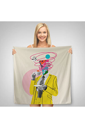 Çizgi Roman Kahramanı Kahvesini Yudumluyor Pop Art Kanvas Duvar Örtüsü-Halısı-5066