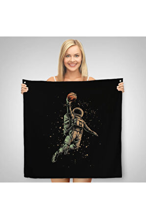 Ay'da Basketbol Oynayan Astronot Kanvas Duvar Örtüsü-Halısı-5067