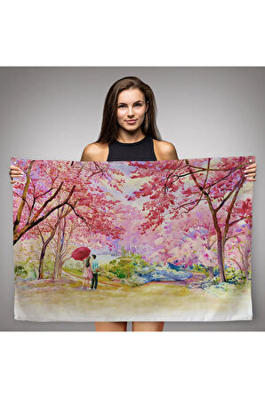 Sakura Ağacının Altındaki Sevgililer Kanvas Duvar Örtüsü-Halısı-5082