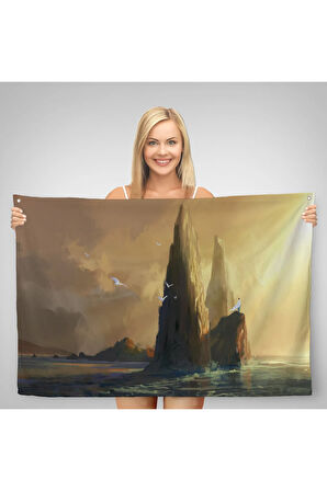 Kayaların Üzerinden Okyanusu İzleyen Beyaz Pelerinli Kadın Kanvas Duvar Örtüsü-Halısı-5091