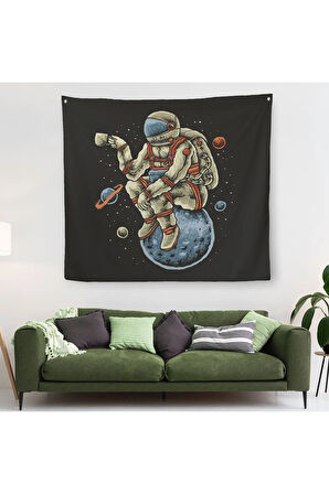 Dünya Üzerinde Dinlenip Kahve İçen Astronot Kanvas Duvar Örtüsü-Halısı-5098