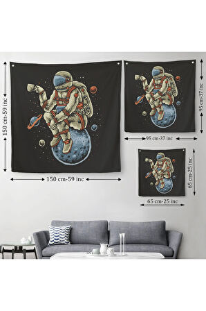 Dünya Üzerinde Dinlenip Kahve İçen Astronot Kanvas Duvar Örtüsü-Halısı-5098