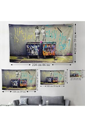 Bansky Çöp Kutusuna İşeyen Çocuklar Kanvas Duvar Örtüsü-Halısı / Hayat Kısa-5154