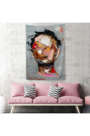 Fırça Darbesi İnsan Yüzü Duvar Örtüsü - Halısı, Soyut Kadın Yüzü Portresi -5210