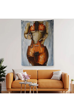 Violin Kadın Kanvas Duvar Örtüsü - Halısı, Kadın Keman Sanatı, Suluboya Duvar Örtüsü - Halısı-5229