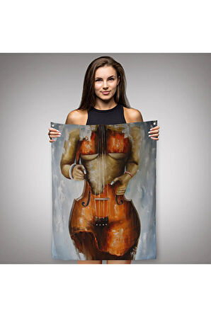 Violin Kadın Kanvas Duvar Örtüsü - Halısı, Kadın Keman Sanatı, Suluboya Duvar Örtüsü - Halısı-5229