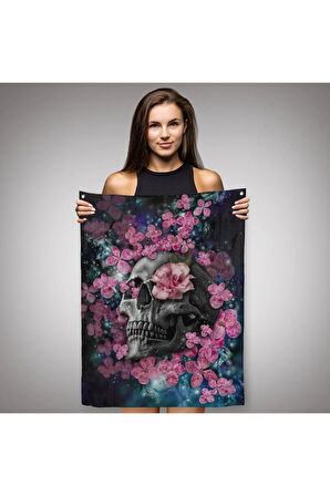 İskelet Kafa ve Pembe Çiçekler Kanvas Duvar Örtüsü - Halısı -5234