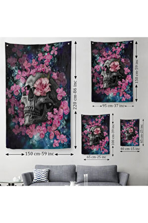 İskelet Kafa ve Pembe Çiçekler Kanvas Duvar Örtüsü - Halısı -5234