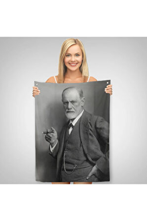 Sigmund Freud Elinde Puro ile Siyah Beyaz Fotoğrafı Duvar Örtüsü - Halısı-5238