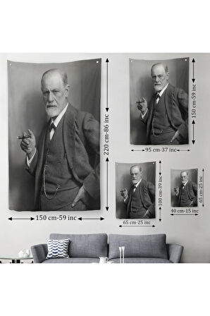 Sigmund Freud Elinde Puro ile Siyah Beyaz Fotoğrafı Duvar Örtüsü - Halısı-5238