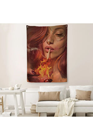 Platonik Aşkın Tavrı Sigarasını Yanan Bir Kalpten Yakan KadınDuvar Örtüsü - Halısı-5247
