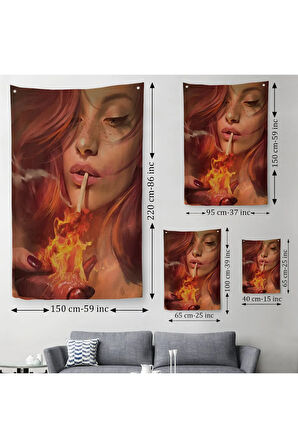 Platonik Aşkın Tavrı Sigarasını Yanan Bir Kalpten Yakan KadınDuvar Örtüsü - Halısı-5247