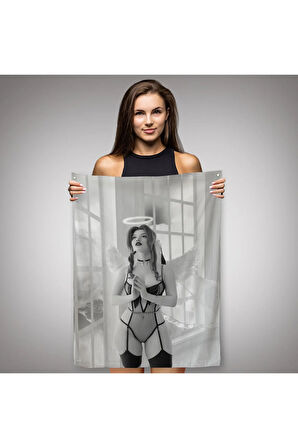 Siyah Beyaz Melek Kız Dekoratif Duvar Örtüsü - Halısı-5266B