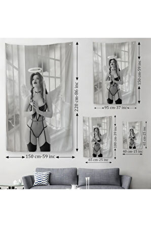 Siyah Beyaz Melek Kız Dekoratif Duvar Örtüsü - Halısı-5266B