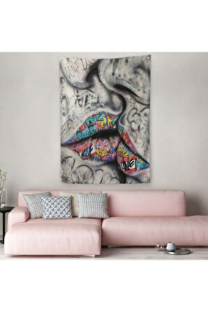 Öpüşme Kanvas Duvar Sanatı, Öpüşme Banksy Tarzı Graffiti Sokak Duvar Örtüsü - Halısı-5313