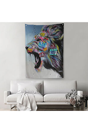 Renkli Kükreyen Aslan Duvar Örtüsü - Halısı, Pop Art, Sokak Sanatı-5316