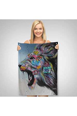 Renkli Kükreyen Aslan Duvar Örtüsü - Halısı, Pop Art, Sokak Sanatı-5316