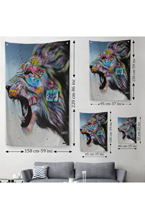 Renkli Kükreyen Aslan Duvar Örtüsü - Halısı, Pop Art, Sokak Sanatı-5316