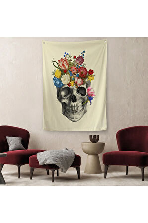 Çiçekli Kafatası Madame Memento Duvar Örtüsü Halısı Kafatası Ölülerin Günü Duvar Örtüsü Halısı 5321