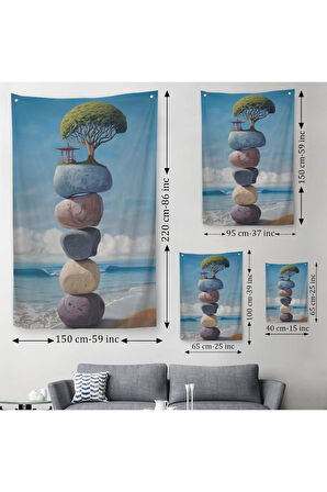 Sahilde Renkli Denge Taşları Duvar Örtüsü - Halısı, Terapi, Meditasyon, Yoga Baskısı-5322
