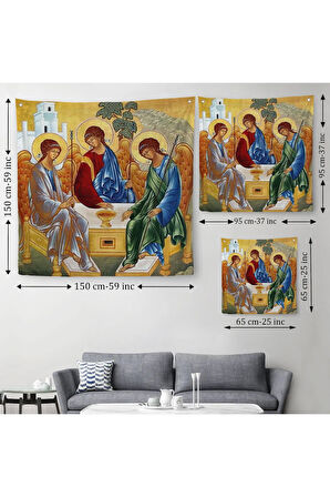 Andrei Rublev Tarafından Kutsal Üçleme Kanvas Duvar Örtüsü-Halısı, Hristiyan Kilise Hediyesi-5327