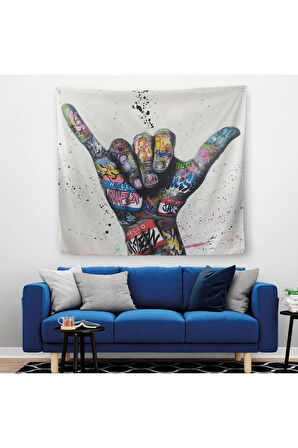 Banksy Tarzı Hands Victory Jest Graffiti Kanvas Duvar Örtüsü-Halısı-5340