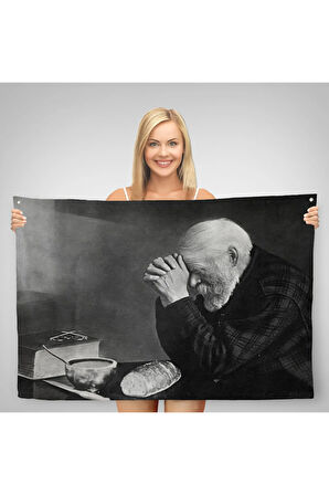 Eric Enstrom Grace Adam Ekmek Üzerinde Dua Ediyor Kanvas Duvar Örtüsü-Halısı, Siyah Beyaz Baskı-5394