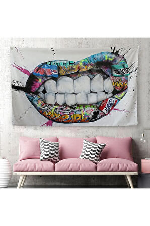 Renkli Dudak Graffiti Kanvas Duvar Örtüsü-Halısı, Banksy Sokak Sanatı-5413