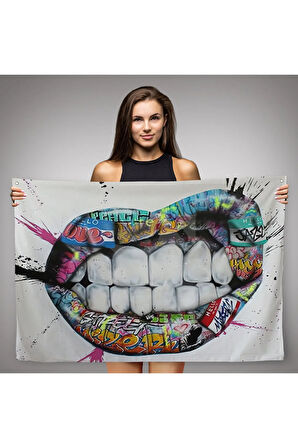 Renkli Dudak Graffiti Kanvas Duvar Örtüsü-Halısı, Banksy Sokak Sanatı-5413