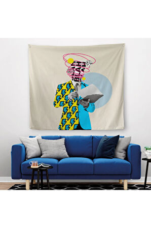 Çizgi Roman Kahramanı Kahvesini Yudumluyor Pop Art Kanvas Duvar Örtüsü-Halısı-5800