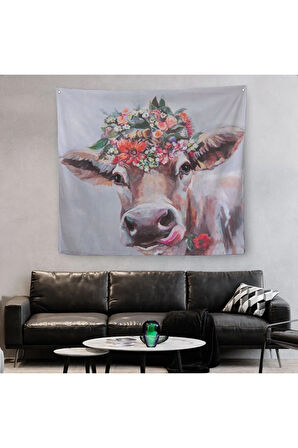 Çiçek Taçlı Güzel Yayla İneği Kanvas Duvar Örtüsü-Halısı-5878