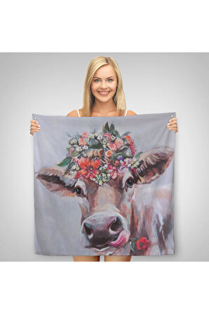 Çiçek Taçlı Güzel Yayla İneği Kanvas Duvar Örtüsü-Halısı-5878