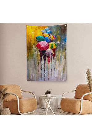 Renkli Şemsiyeler Yağlıboya Görünüm Dekoratif Duvar Örtüsü - Halısı -5932