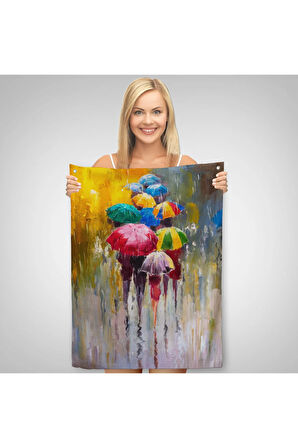 Renkli Şemsiyeler Yağlıboya Görünüm Dekoratif Duvar Örtüsü - Halısı -5932