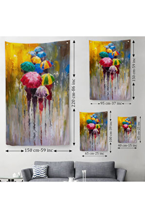 Renkli Şemsiyeler Yağlıboya Görünüm Dekoratif Duvar Örtüsü - Halısı -5932