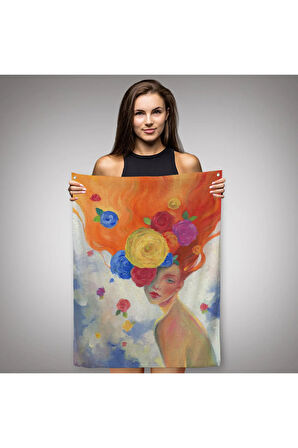 Çiçek Saçlı Kadın Yağlıboya Görünüm Dekoratif Duvar Örtüsü - Halısı-5942