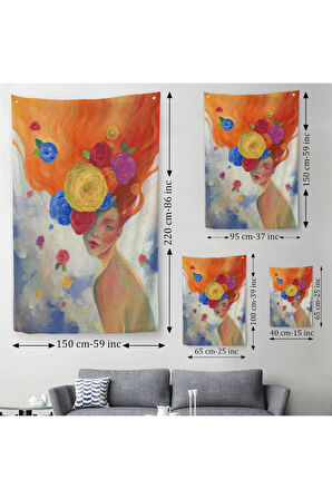 Çiçek Saçlı Kadın Yağlıboya Görünüm Dekoratif Duvar Örtüsü - Halısı-5942