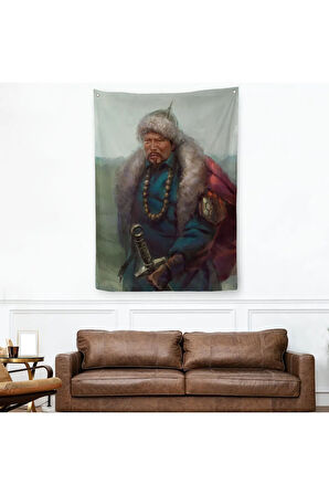 Cengiz Han Moğol Ordular Komutanı Yağlıboya Dekoratif Duvar Örtüsü - Halısı-5965