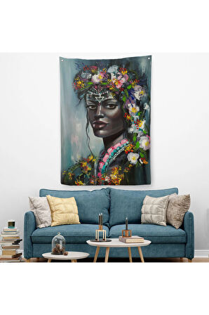Çiçek Taçlı Afrikalı Kadın Duvar Örtüsü - Halısı-5979