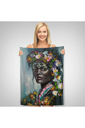 Çiçek Taçlı Afrikalı Kadın Duvar Örtüsü - Halısı-5979
