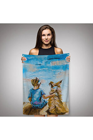 Göl Kenarında Oturan Çocuk ve Köpeği Duvar Örtüsü - Halısı-5984