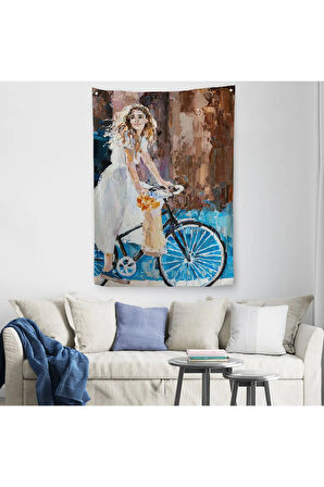 Bisiklete Binen Beyaz Elbiseli Kız Duvar Örtüsü - Halısı-6007