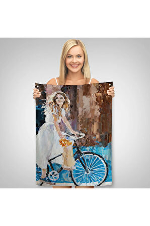 Bisiklete Binen Beyaz Elbiseli Kız Duvar Örtüsü - Halısı-6007