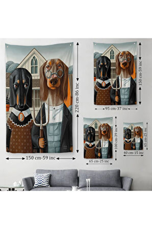 Amerikan Gotik Klasiği Köpekler Duvar Örtüsü - Halısı-6012