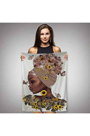 Çiçekler İçindeki Afrikalı Güzel Kadın Duvar Örtüsü - Halısı 6038