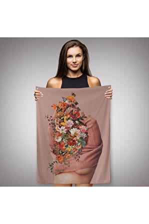 Soyunan Kadın Renkli Kelebekler ve Çiçekler Detaylı Duvar Örtüsü - Halısı-606