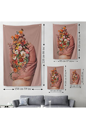 Soyunan Kadın Renkli Kelebekler ve Çiçekler Detaylı Duvar Örtüsü - Halısı-606