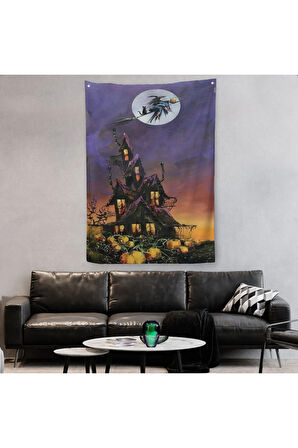 Süpürge İle Uçan Cadı ve Kedisi Cadılar Bayramı Helloven Duvar Örtüsü - Halısı -6078