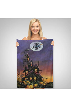 Süpürge İle Uçan Cadı ve Kedisi Cadılar Bayramı Helloven Duvar Örtüsü - Halısı -6078