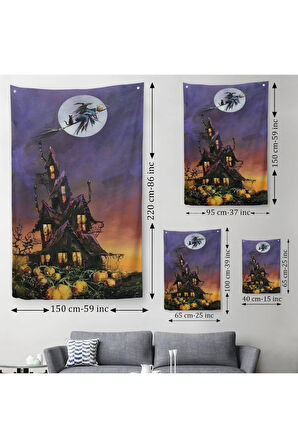 Süpürge İle Uçan Cadı ve Kedisi Cadılar Bayramı Helloven Duvar Örtüsü - Halısı -6078